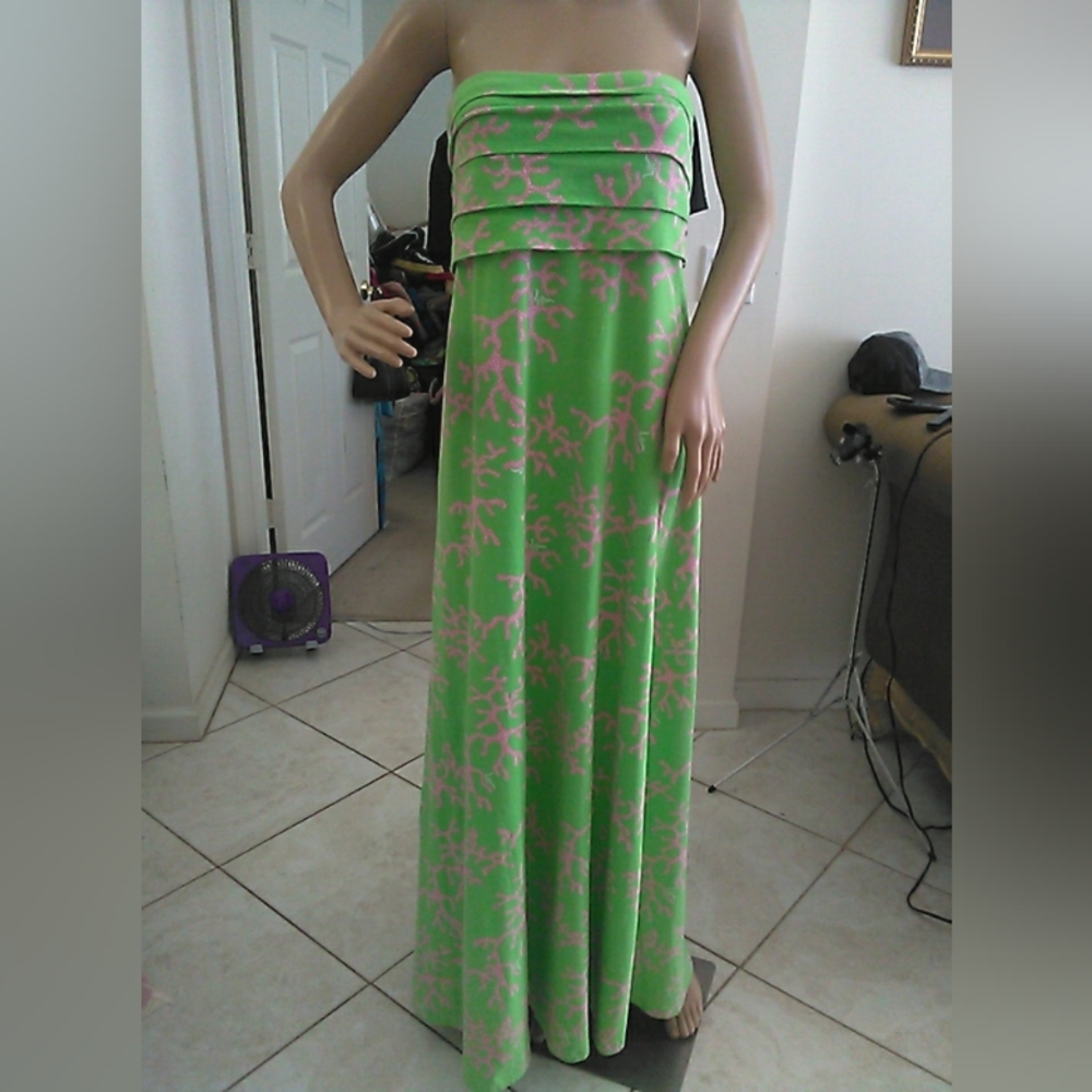 Lilly Pulitzer Green & Pink Strapless Maxi Dress Sz. XL Strapless ( Stunning)